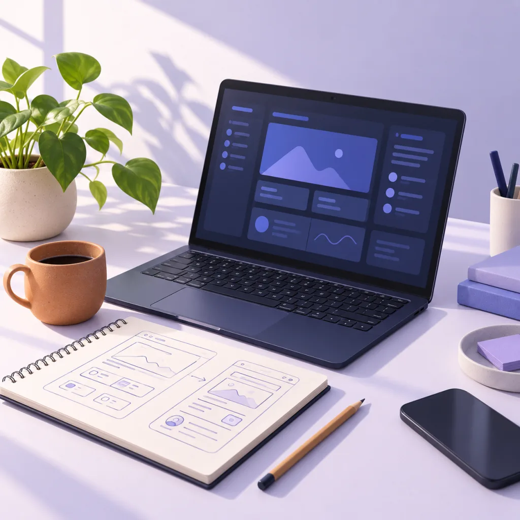Illustration of a developer’s workspace with a laptop, wireframe notebook, and plant